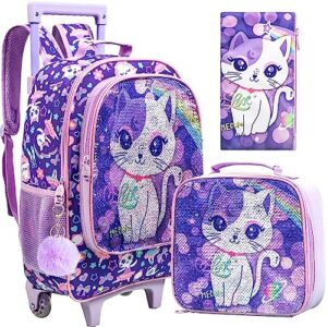 ufndc 4pcs rolling backpack for girls, kids cat sequin wheeled bookbag ，travel roller school bag with wheels