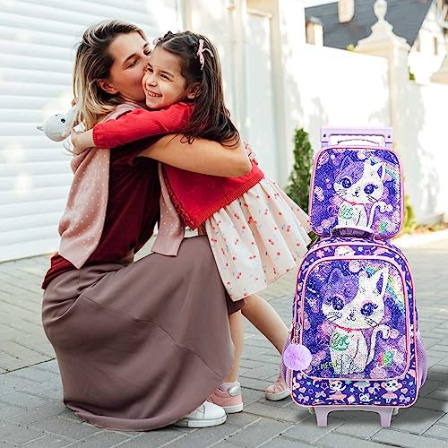 UFNDC 4PCS Rolling Backpack for Girls, Kids Cat Sequin Wheeled Bookbag ，Travel Roller School Bag with Wheels