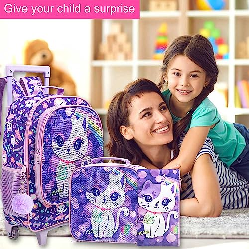 UFNDC 4PCS Rolling Backpack for Girls, Kids Cat Sequin Wheeled Bookbag ，Travel Roller School Bag with Wheels