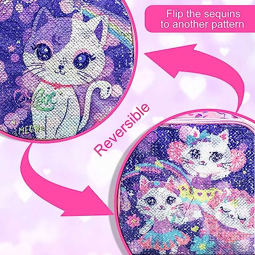 UFNDC 4PCS Rolling Backpack for Girls, Kids Cat Sequin Wheeled Bookbag ，Travel Roller School Bag with Wheels