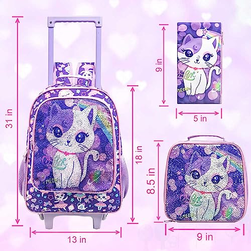 UFNDC 4PCS Rolling Backpack for Girls, Kids Cat Sequin Wheeled Bookbag ，Travel Roller School Bag with Wheels