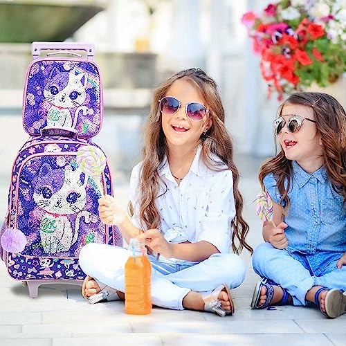 UFNDC 4PCS Rolling Backpack for Girls, Kids Cat Sequin Wheeled Bookbag ，Travel Roller School Bag with Wheels