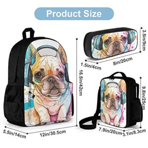 Delerain Colorful French Bulldog 3 Pcs Backpack Set for Kids Back to School Bookbag with Lunch Box and Pencil Case Durable Lightweight Travel for Teens Students Boys Girls