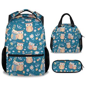 coopasia owl backpack with lunch box and pencil case, 16 inch owl theme bookbag with adjustable straps, durable, lightweight, large capacity, school backpack for girls women