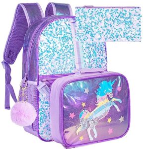 klfvb 3pcs unicorn backpack, 16" sequin kids girls bookbag and lunch box, preschool backpacks for elementary students