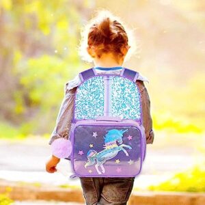 KLFVB 3PCS Unicorn Backpack, 16" Sequin Kids Girls Bookbag and Lunch Box, Preschool Backpacks for Elementary Students