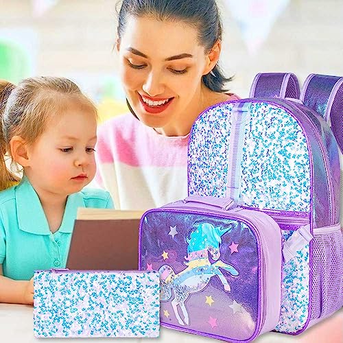 KLFVB 3PCS Unicorn Backpack, 16" Sequin Kids Girls Bookbag and Lunch Box, Preschool Backpacks for Elementary Students