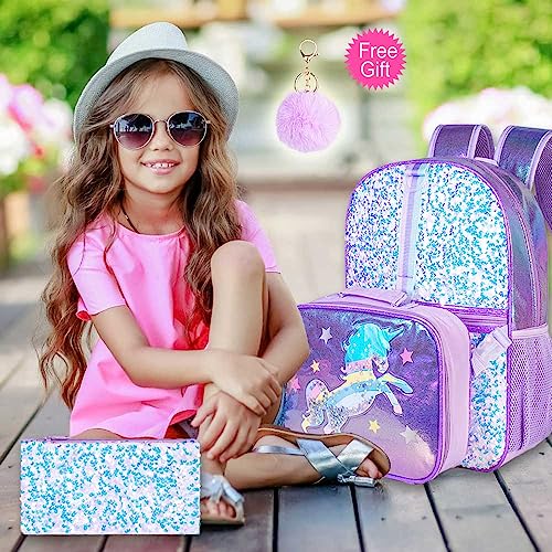 KLFVB 3PCS Unicorn Backpack, 16" Sequin Kids Girls Bookbag and Lunch Box, Preschool Backpacks for Elementary Students