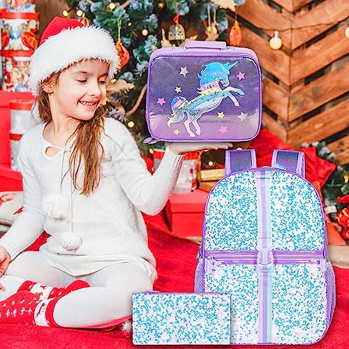 KLFVB 3PCS Unicorn Backpack, 16" Sequin Kids Girls Bookbag and Lunch Box, Preschool Backpacks for Elementary Students