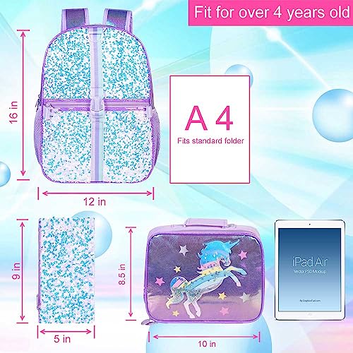 KLFVB 3PCS Unicorn Backpack, 16" Sequin Kids Girls Bookbag and Lunch Box, Preschool Backpacks for Elementary Students