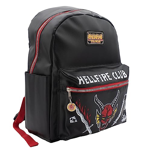 AI ACCESSORY INNOVATIONS Stranger Things Hellfire Club PU Backpack, School Travel Bag with Epoxy Filled Metal HFC Hexagon Charm, 16 Inch, Faux Leather