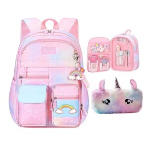 hcveucn kawaii backpack pink girls school backpacks starry rainbow backpack cute bookbag elementary school laptop backpack travel bag (pink,16.5inch)