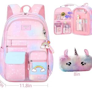 Hcveucn Kawaii Backpack Pink Girls School Backpacks Starry Rainbow Backpack Cute Bookbag Elementary School Laptop Backpack Travel Bag (Pink,16.5Inch)