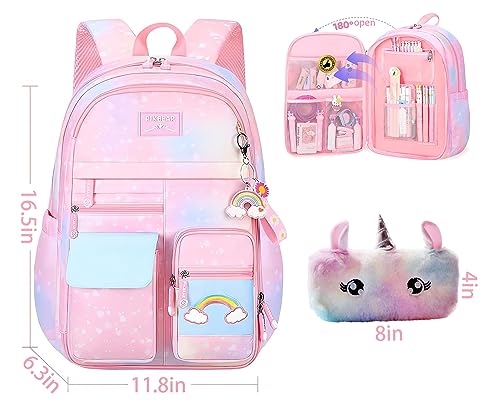 Hcveucn Kawaii Backpack Pink Girls School Backpacks Starry Rainbow Backpack Cute Bookbag Elementary School Laptop Backpack Travel Bag (Pink,16.5Inch)