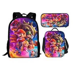 fnasfia super cute bros backpack pencil case lunch bag 3 piece set cartoon backpack boys and girls' backpack 3d backpack