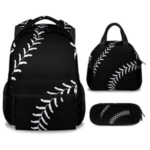 xaocnyx baseball backpack with lunch box and pencil case set, 3 in 1 matching boys black backpacks combo, cool bookbag and pencil case bundle