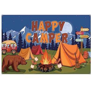 llmsix camping background, 5×3ft happy camper banner cartoon forest animal campfire background camping photo backdrop camping themed party decoration children birthday party photo props