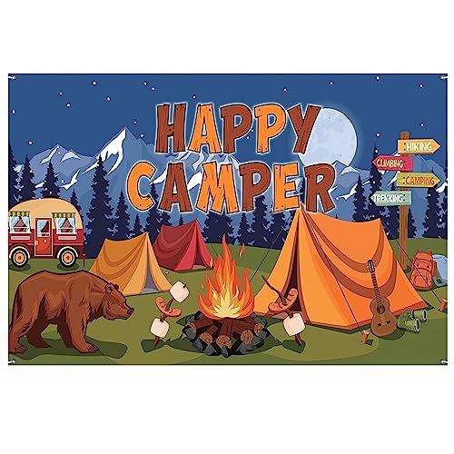 LLMSIX Camping Background, 5×3FT Happy Camper Banner Cartoon Forest Animal Campfire Background Camping Photo Backdrop Camping Themed Party Decoration Children Birthday Party Photo Props