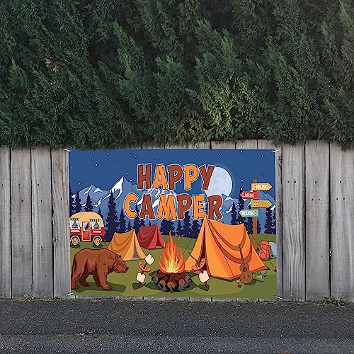 LLMSIX Camping Background, 5×3FT Happy Camper Banner Cartoon Forest Animal Campfire Background Camping Photo Backdrop Camping Themed Party Decoration Children Birthday Party Photo Props