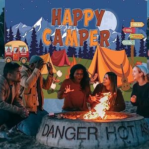 LLMSIX Camping Background, 5×3FT Happy Camper Banner Cartoon Forest Animal Campfire Background Camping Photo Backdrop Camping Themed Party Decoration Children Birthday Party Photo Props