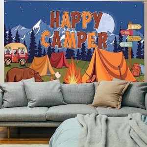 LLMSIX Camping Background, 5×3FT Happy Camper Banner Cartoon Forest Animal Campfire Background Camping Photo Backdrop Camping Themed Party Decoration Children Birthday Party Photo Props