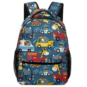 meikko cartoon animal car backpack cute truck lightweight casual daypack with chest strap,computer bags for women men hiking travel work and business 16 inch