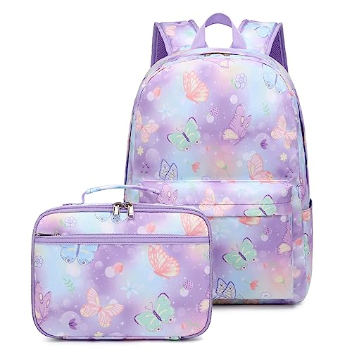 YCBB Kids Backpacks for Girls Butterfly School Bookbags Set with Lunch Tote Bag Lightweight Preschool Kindergarten Elementary School Backpacks