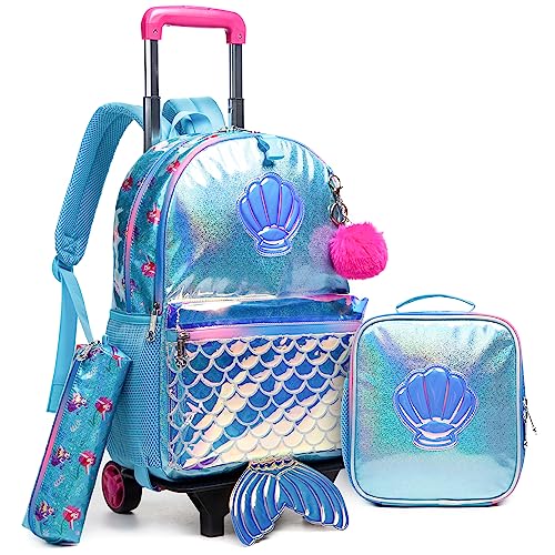 Oruiji Mermaid Rolling Backpack for Girls Rolling Backpack for School Backpack with Wheels for Girls Roller Backpack for Elementary Girls with Lunch Box