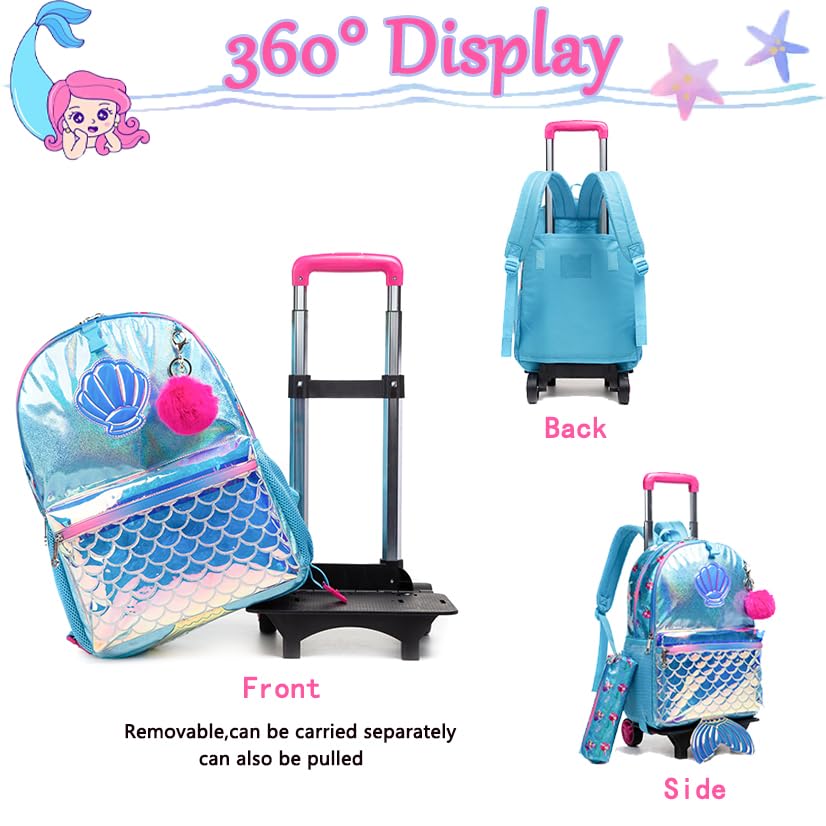 Oruiji Mermaid Rolling Backpack for Girls Rolling Backpack for School Backpack with Wheels for Girls Roller Backpack for Elementary Girls with Lunch Box