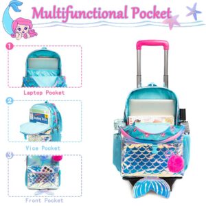 Oruiji Mermaid Rolling Backpack for Girls Rolling Backpack for School Backpack with Wheels for Girls Roller Backpack for Elementary Girls with Lunch Box