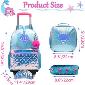 Oruiji Mermaid Rolling Backpack for Girls Rolling Backpack for School Backpack with Wheels for Girls Roller Backpack for Elementary Girls with Lunch Box