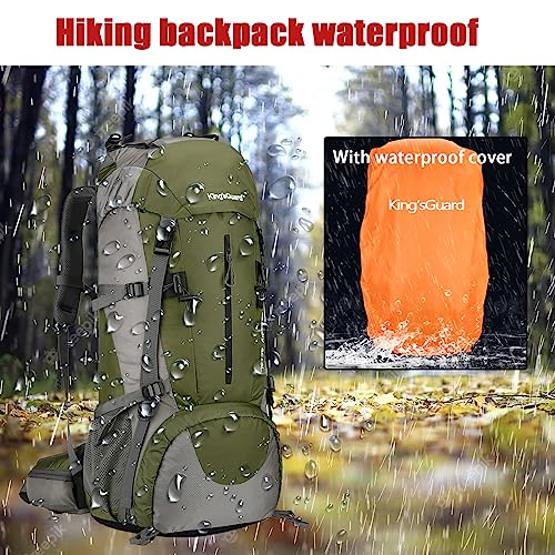ALFREVER 70L Hiking Backpack, Waterproof Camping Essentials Bag, Lightweight Hiking Backpacking Back Outdoor Travel Pack (Forest green)
