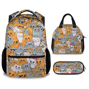 xaocnyx cat backpack with lunch box and pencil case set, 3 in 1 matching girls boys colorful backpacks combo, cute bookbag and pencil case bundle