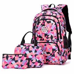 pdghiue geometric print 3-piece backpack set aesthetic (backpack + lunch bag + pencil case) - high density nylon fabric, spacious, eco-friendly