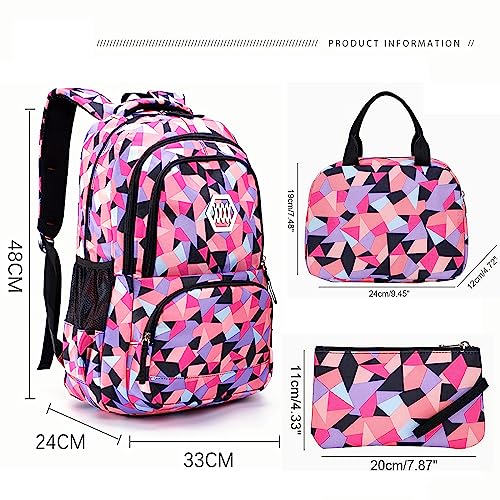pdghiue Geometric Print 3-Piece Backpack Set Aesthetic (Backpack + Lunch Bag + Pencil Case) - High Density Nylon Fabric, Spacious, Eco-friendly
