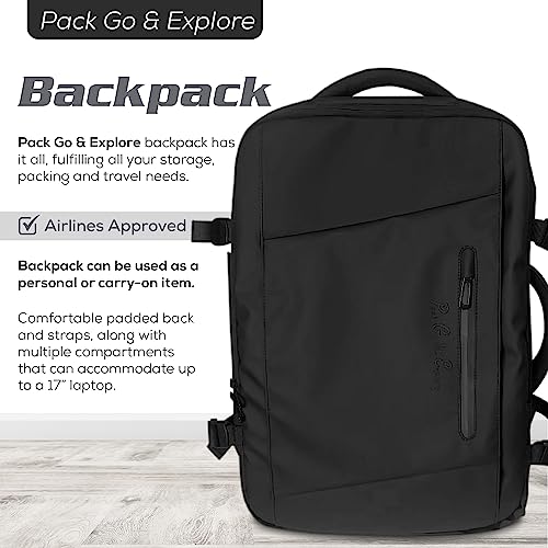 PACK GO & EXPLORE Travel Backpack, Personal Item Bag for Airlines, Travel Backpack for Women, Carry On Backpack, Laptop Backpack, Travel Backpack for Men, 18x14x8 inches Travel Bag (Black)