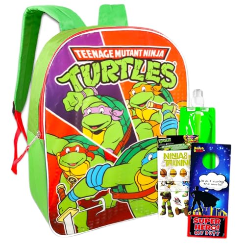 Teenage Mutant Ninja Turtles Backpack for Boys - Bundle with 15” TMNT Backpack, Water Pouch, Stickers, More | TMNT Backpack for School