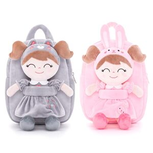 gloveleya kids backpack bundle - grey cat & rabbit plush toddler backpacks with soft doll
