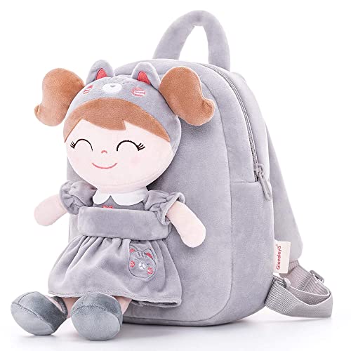 Gloveleya Kids Backpack Bundle - Grey Cat & Rabbit Plush Toddler Backpacks with Soft Doll