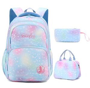 yjmkoi 3pcs colorful heart print backpack for girls, primary kids bookbag set, purple backpack with lunch box