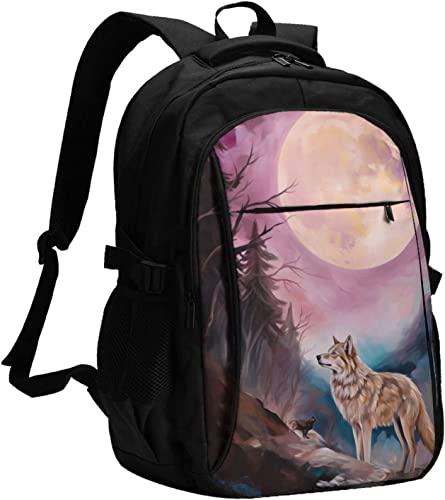 Native American Indians and Wolves Travel Laptop Backpack - Anti Theft Durable Business Laptops Backpack with USB Charging Port