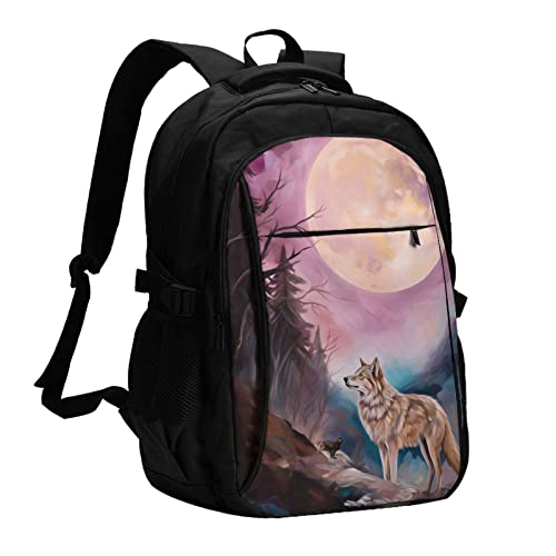 Native American Indians and Wolves Travel Laptop Backpack - Anti Theft Durable Business Laptops Backpack with USB Charging Port