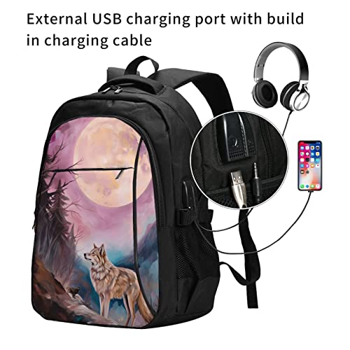 Native American Indians and Wolves Travel Laptop Backpack - Anti Theft Durable Business Laptops Backpack with USB Charging Port