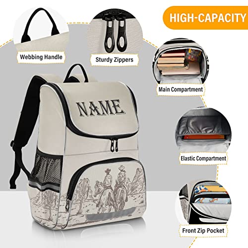 XUWU Custom Personalized Backpack Western Desert Cowboy Backpack with Reflective Strip for Kids Boys Girls Elementary School Bag Removable Chest Strap