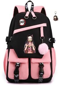 spirtude anime backpack nezuko backpack laptop backpacks with usb charging port travel bag daypack cosplay backpack (pink)