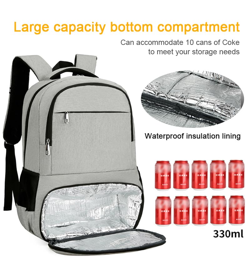 Lunch Backpack, Insulated Cooler Backpack Fits 15.6 Inch Laptop, Water-Resistant Backpack with USB Charging Port for Men, for Work Beach Camping Picnics Hiking,Light Grey