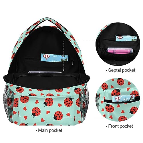 BOENLE Ladybug Little Hearts Backpack Water-Resistant Lightweight Bookbags Travel Bag with Mesh Side Pockets