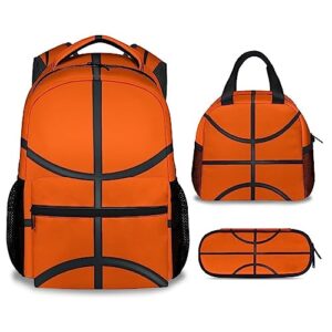 XaocNyx Basketball Backpack with Lunch Box and Pencil Case Set, 3 in 1 Matching Boys Orange Backpacks Combo, Cool Bookbag and Pencil Case Bundle