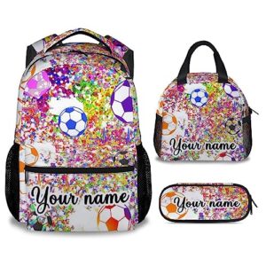 coopasia personalized soccer backpack with lunch box and pencil case, 16 inch soccer theme bookbag with adjustable straps, lightweight, durable, large capacity, school backpack for girls boys