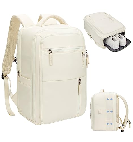 Hp hope Travel Backpack for Women Men, Expandable Airline Approved Carry On Backpack Flight Approved, Waterproof Hiking Weekender Backpack with USB Charging Port & Shoes Compartment, White